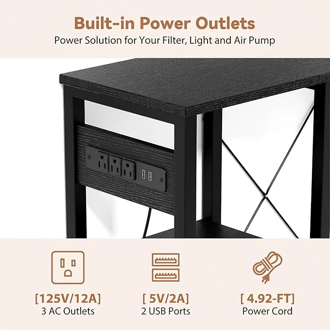 GRLEAF 20-30 Gallon Fish Tank Stand with Power Outlets, 4 Tier Metal Aquarium Stand with Wood Storage Shelves, 30.7" L x 13.8" W x 30.3" H Turtle Reptile Fish Tank Table Aquarium Table - Black