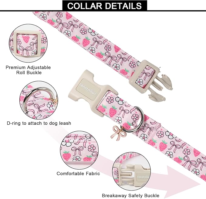 Lionet Paws Spring Dog Collar- Cute Strawberry Pink Dogs Collar with Plastic Buckle and Bowtie Pendant,Dog Collar for Small Medium Dogs