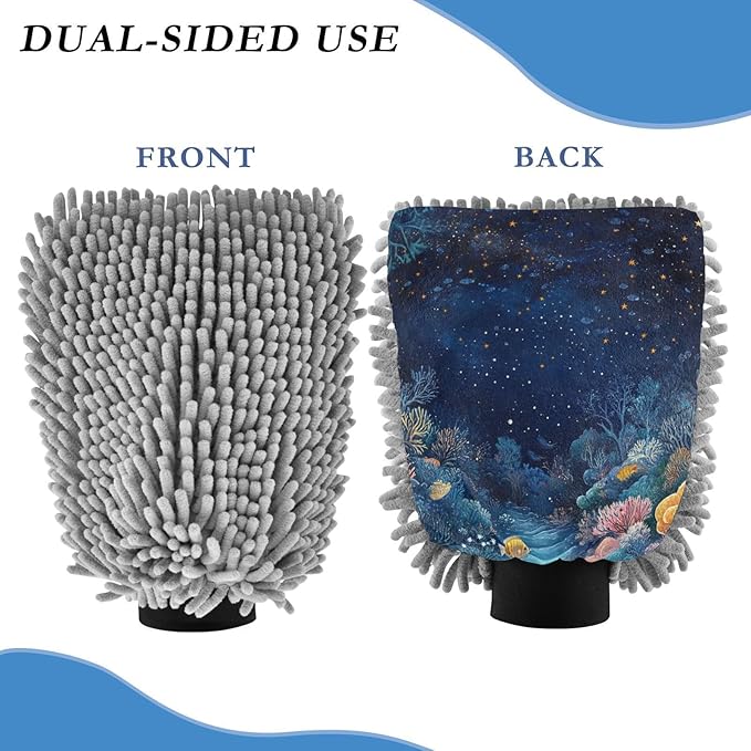 Car Wash Mitt Microfiber Wash Mitts for Car Washing Scratch-Free Cleaning Gloves Soft Non Absorbent Chenille Auto Hand Mitt Large 2Pack Starry Sky Coral