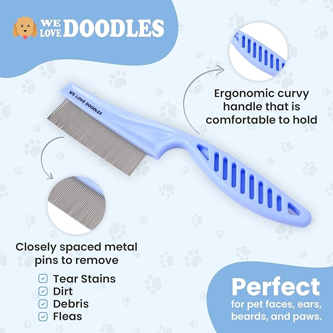 Dog Face Comb, Flea Comb for Dogs, Fine Tooth Tearstain Remover Metal Comb, Removes Crust and Mucus, Face Brush for Poodles & Other Breeds, Grooming Brush for Pets, Large [We Love Doodles]