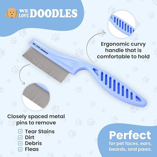 Dog Face Comb, Flea Comb for Dogs, Fine Tooth Tearstain Remover Metal Comb, Removes Crust and Mucus, Face Brush for Poodles & Other Breeds, Grooming Brush for Pets, Large [We Love Doodles]