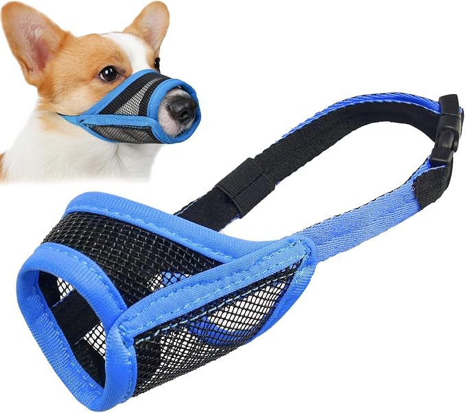 LUCKYPAW Dog Muzzle, Mesh Muzzle for Small Medium Dogs, Soft Mouth Cover to Prevent Biting Chewing, Drinkable Breathable Adjustable Puppy Mouth Guard(XS, Blue)