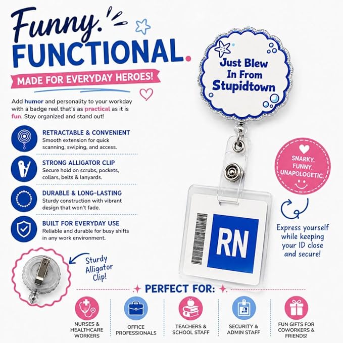 Just Blew in from Stupidtown Badge Reel Funny Anime Cartoon Meme Retractable Name Tag Clip Cool Pop Culture Office ID Holder for Nurse Nursing Men Women Healthcare Staff Uniform Gifts Accessories