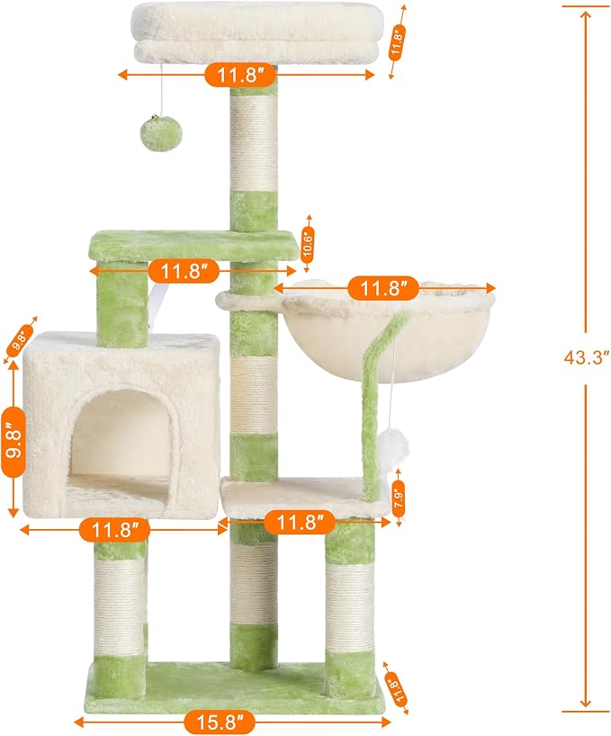 Heybly Cat Tree with Toy, 43.3 inch Cat Tower condo for Indoor Cats, Cat House with Padded Plush Perch, Cozy Hammock and Sisal Scratching Posts, Green and Beige HCT004SGM