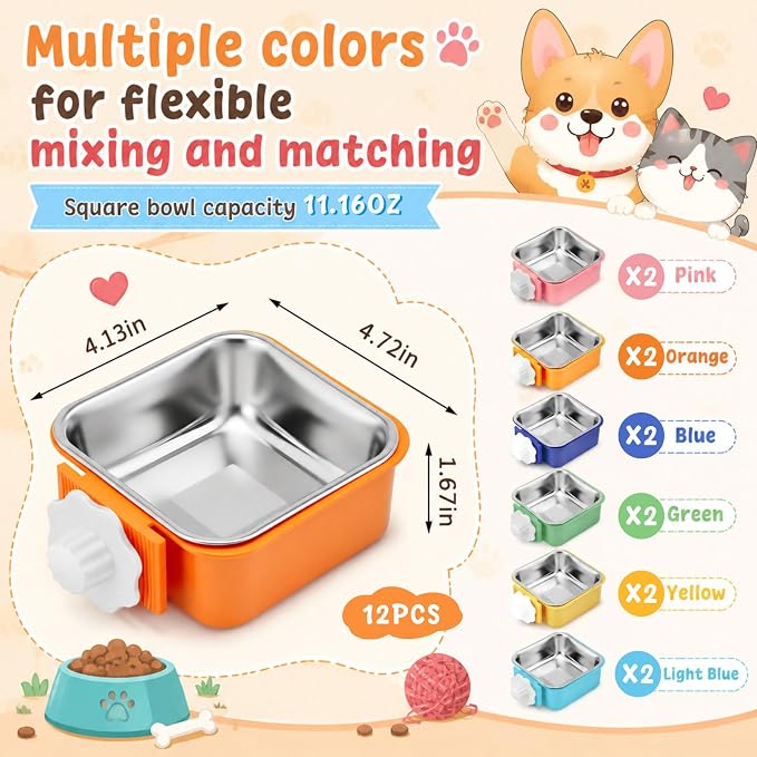 LemonRoad 12 Pcs Dog Crate Water Bowl Bulk No Spill Hanging for Kennel Removable Stainless Steel Puppy Food Water Feeding Bowls Cage Coop Cup for Dogs Cats Rabbits Birds Ferret(Square Bowl)