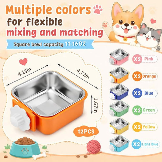 LemonRoad 12 Pcs Dog Crate Water Bowl Bulk No Spill Hanging for Kennel Removable Stainless Steel Puppy Food Water Feeding Bowls Cage Coop Cup for Dogs Cats Rabbits Birds Ferret(Square Bowl)