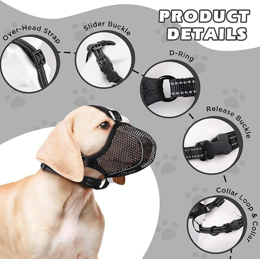 Dog Muzzle,Mesh Soft Muzzle for Small Medium Large Sized Dogs, Breathable Reflective Adjustable Puppy Muzzles with Collar for Scavenging Grooming Biting Chewing,Allows Panting and Drinking(Black S)