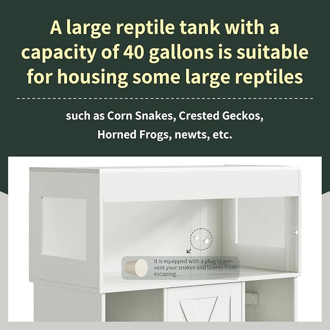 Herture 40 Gallon Reptile Terrarium Tank with Storage Cabinet, Reptile Tank with Stand, for Leopard Geckos, Corn Snakes, Juvenile Pets, Sliding Acrylic Doors, Mesh Top, Power Outlet, White PX03RTW