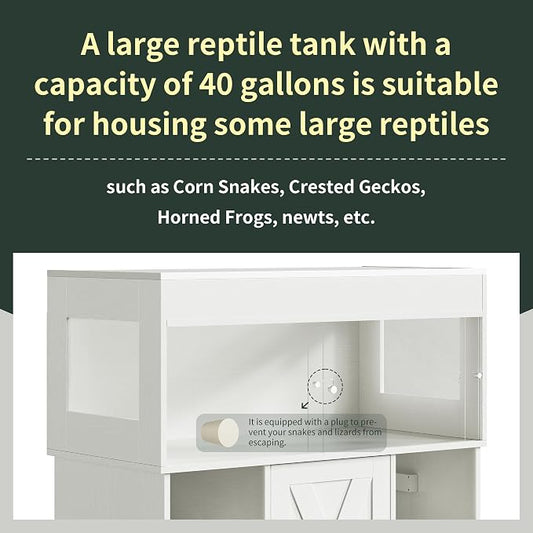 Herture 40 Gallon Reptile Terrarium Tank with Storage Cabinet, Reptile Tank with Stand, for Leopard Geckos, Corn Snakes, Juvenile Pets, Sliding Acrylic Doors, Mesh Top, Power Outlet, White PX03RTW