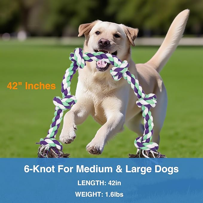 Dog Rope Toy for Large Dogs Aggressive Chewers – 42 Inch Long 6 Knot XL Tug of War Rope, Heavy Duty Indestructible Pull Toy for Big Giant Dogs and Medium Breeds, Strong/Tough/Durable Cotton