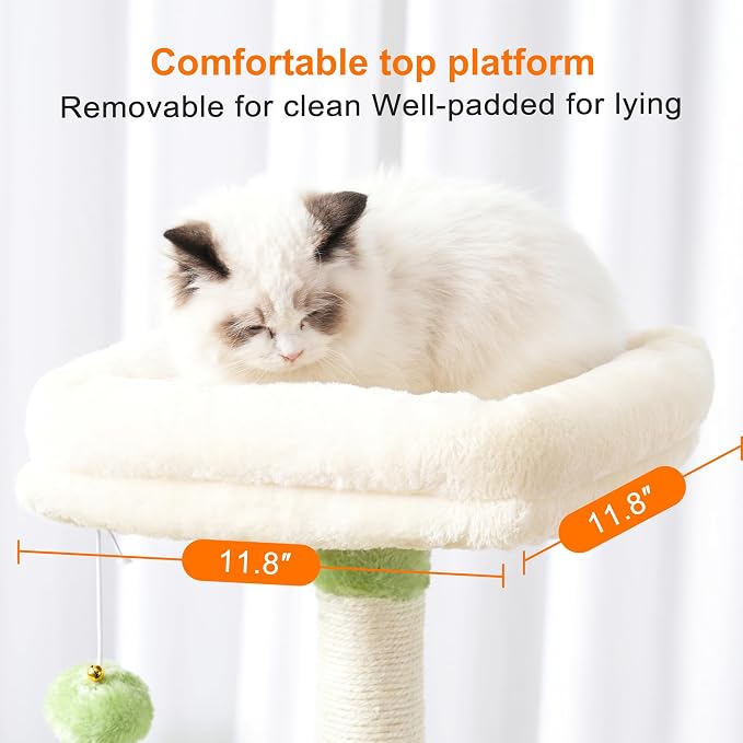 Heybly Cat Tree with Toy, 43.3 inch Cat Tower condo for Indoor Cats, Cat House with Padded Plush Perch, Cozy Hammock and Sisal Scratching Posts, Green and Beige HCT004SGM