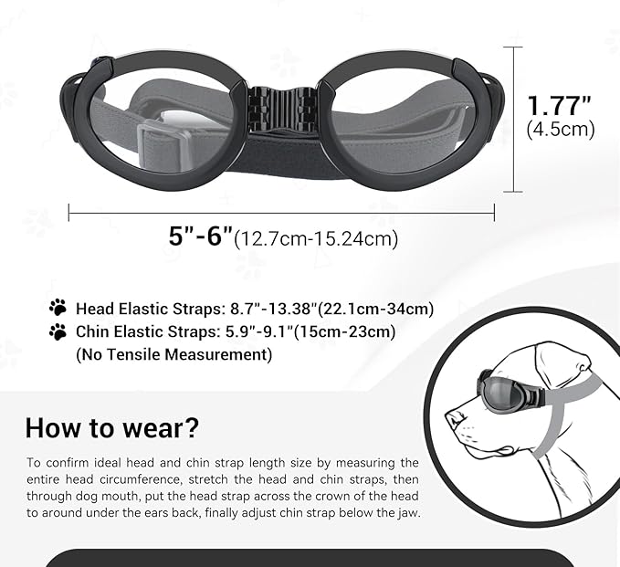 Dog Goggles Medium Breeds, Clear UV Protection Dog Sunglasses with Black Replaceable Lenses, Adjustable Doggy Glasses for Outdoor Activities Hiking/Camping Windproof Pet Eyewear