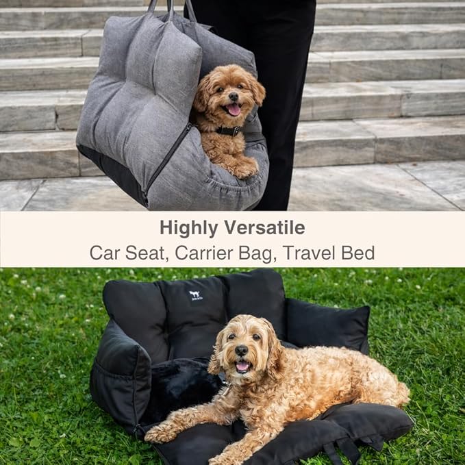 JACKO & CO Premium Dog Car Seat – Safe & Cozy Travel Bed Carrier for Small Dogs, Puppies, Pets, Clip-On Leash, Storage Pockets, Water-Resistant, Machine Wash (Grey, Removable - Medium (1-25lbs))