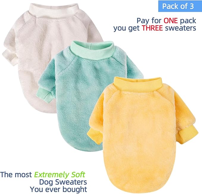 FabriCastle Dog Sweaters, 3-Pack Dog & Cat Clothes, Ultra Soft and Warm Pet Jackets for Small Dogs Boy & Girl, Winter Pet Apparel Costumes, Puppy Outfits (Beige,Light Green,Yellow, Small)
