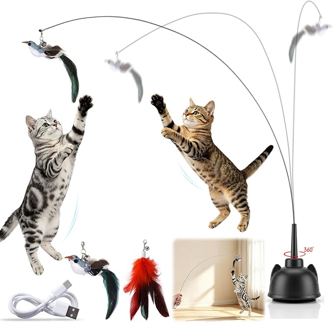 Interactive Cat Toys for Indoor Cats Toy Wand 360° Flying Bird Cat Toy | 2 Speed Adjustable Flying Bird Cat Toy Automatic Cats Toys with Self ON/OFF Feather Toy Suction Cup Electric Cat Teaser Wand