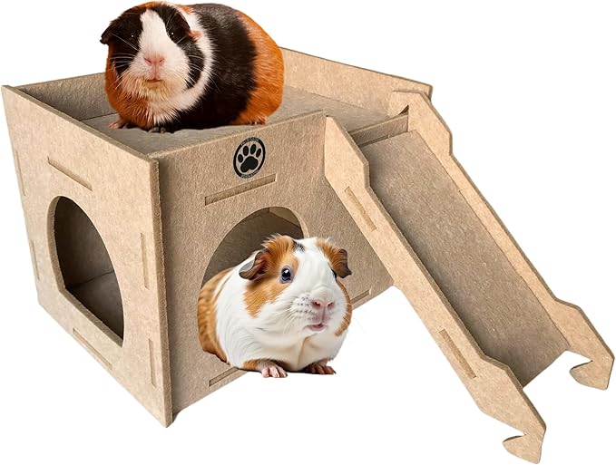 Guinea Pig Felt Hideout & House with Ramp Easy to Assemble Small Animal Sturdy Hut Habitats Decor for Piggies Chinchilla Rat Playing Hiding (Camel)