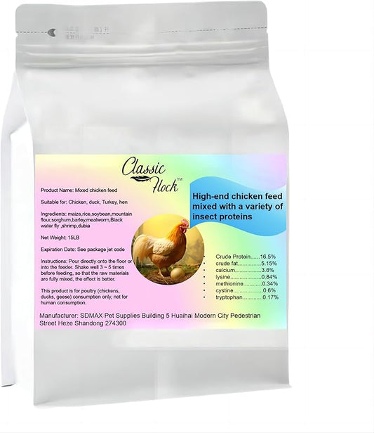 Classic Flock 15LB Hen Feed - a Hen Specific Feed Developed for the Health of hens and the Production of More and Better Eggs. 15LB Mixed Chicken Feed