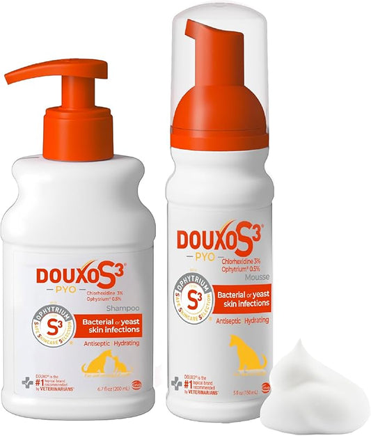 Douxo S3 PYO Chlorhexidine Shampoo (6.7 oz) & Mousse (5 fl oz) for Dogs Set, Antibacterial & Antiseptic Yeast Infection Treatment for Dogs, Clinically Proven
