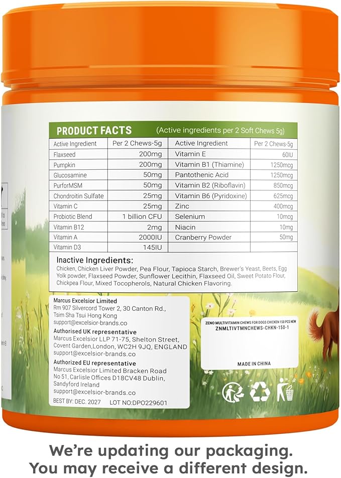 ZENO Dog Vitamins and Supplements - 150 Dog Multivitamin Chewable - Immune, Joint Support, Skin, Gut Health + Packed with Omega 3s, Glucosamine & Probiotics - Safe for Puppy - Chicken