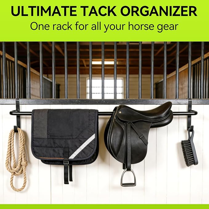 4Pcs Heavy Duty Horse Blanket Rack with Bridle Hooks, No-Drill Wall Mounted Assembled Blanket Bar, Saddle Pad Rack for Horse Tack Storage, Black