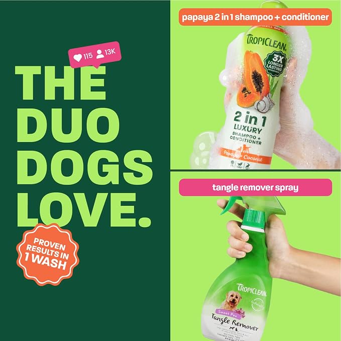 TropiClean 2-in-1 Dog Shampoo and Conditioner & Dog Detangler Spray Dematting, Grooming Bundle, Puppy Safe, Made in USA