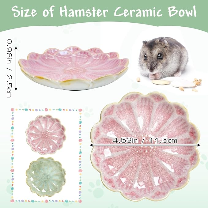 BNOSDM Shallow Ceramic Hamster Food Dish 2 Pcs Small Animals Food Bowl Sunflower Feeding Dishes for Gerbils Mice Rats 4.5in (Pink)