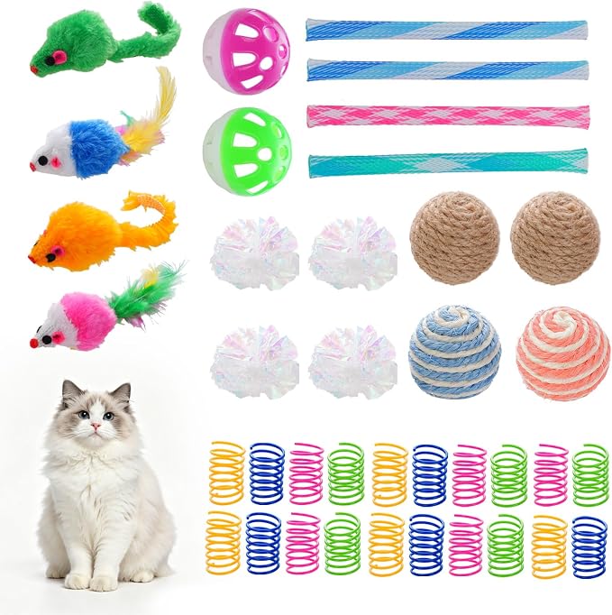 Cat Toys 38 Pack, Cat Toys for Indoor Cats, Interactive Cat Toys Variety Pack with Colorful Springs, Mouse Toys, Sisal Balls, Crinkle Balls and Bell Balls for Kittens and Adult Cats