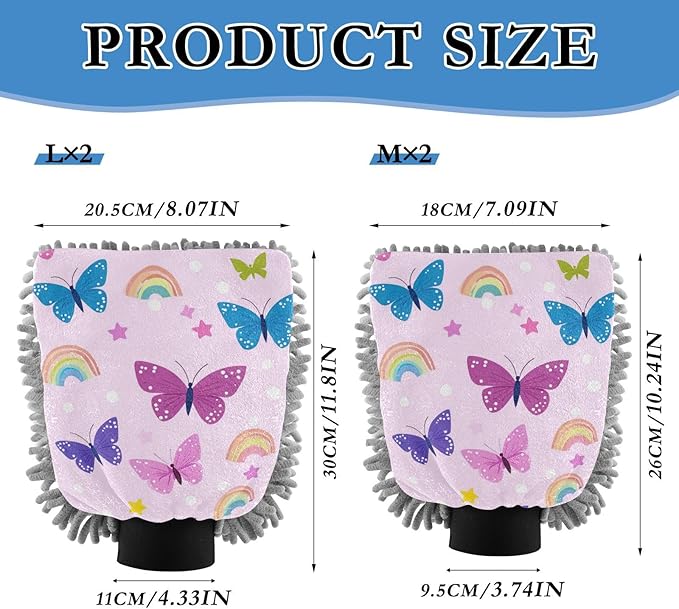Car Wash Mitt Microfiber Wash Mitts for Car Washing Scratch-Free Cleaning Gloves Soft Non Absorbent Chenille Auto Hand Mitt Medium 2Pack Butterflies Rainbows Pink