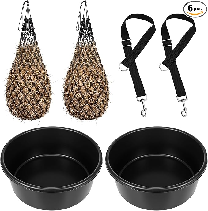 6 Pcs Horse Supplies Set 2 Hay Bags 2 Heavy Duty Rubber Feed Pans 2 Horse Bucket Strap Hangers for Slower Feeding Hay Bag Hanging Stable Trailer