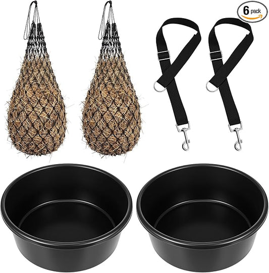6 Pcs Horse Supplies Set 2 Hay Bags 2 Heavy Duty Rubber Feed Pans 2 Horse Bucket Strap Hangers for Slower Feeding Hay Bag Hanging Stable Trailer