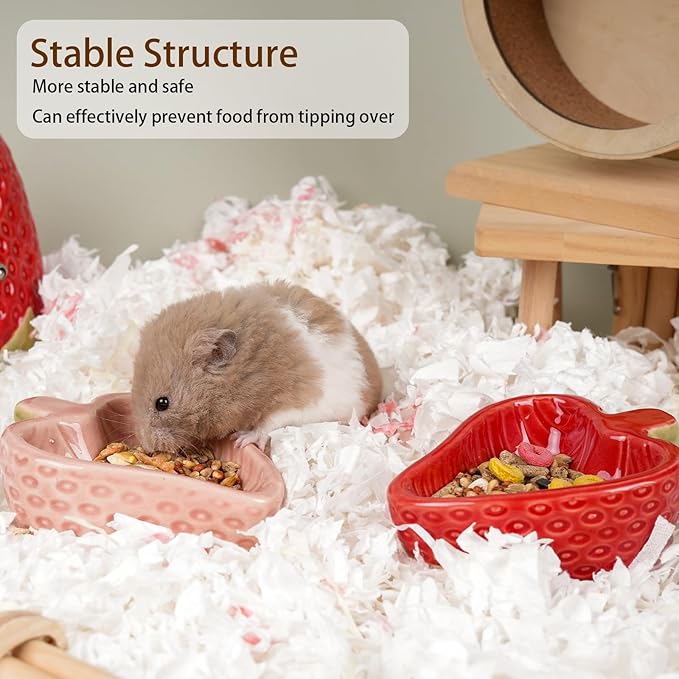 Hamtser Food Bowl,2 Packs Strawberry Hamster Bowls,Ceramic Feeding Bowl,Food Dish for Small Animals Gerbil Dwarf Hamster Rat Mice Guinea Pig(Pink+Red)