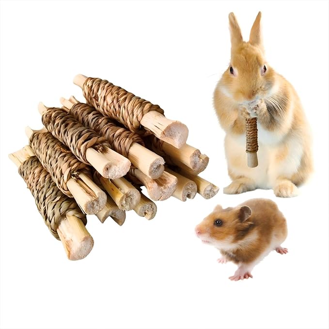 15pcs Rabbits Chew Toy,Natural Seagrass Sweet Bamboo Chew Stick for Small Animals,Bunny Cage Chew Enrichment Toys and Treats for Guinea Pigs Chinchillas Hamsters Rats
