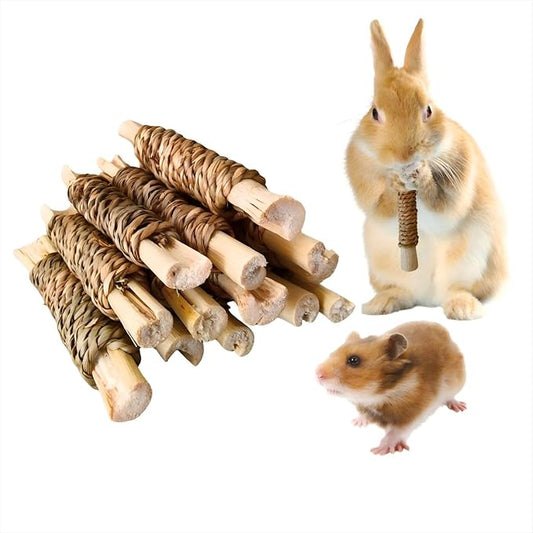 15pcs Rabbits Chew Toy,Natural Seagrass Sweet Bamboo Chew Stick for Small Animals,Bunny Cage Chew Enrichment Toys and Treats for Guinea Pigs Chinchillas Hamsters Rats