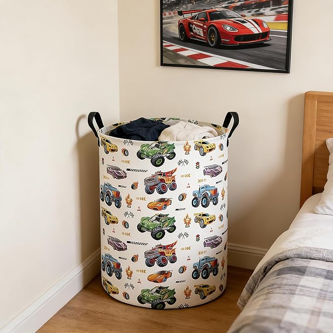 Monster Truck Laundry Hamper Storage Basket, Nursery Hamper Canvas Laundry Basket Foldable with Waterproof PE Coating for Kids, Office, Bedroom, Clothes,Toys(Monster Truck)