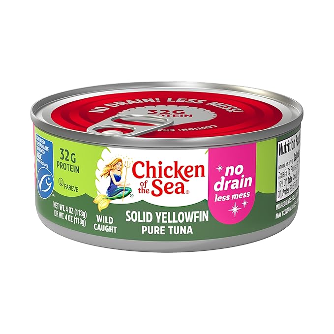 Chicken of the Sea Solid Yellowfin Pure Tuna, 4 oz. Cans (Pack of 24), Wild Caught Canned Tuna, No Drain