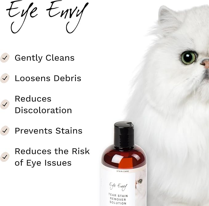 Eye Envy Tear Stain Remover Solution for Cats. Gentle, Natural and Safe. Cleans Tear Stains. Recommended by Breeders, Groomers. Remove Eye Stains from Persians and Exotics. 4 oz. Made in USA