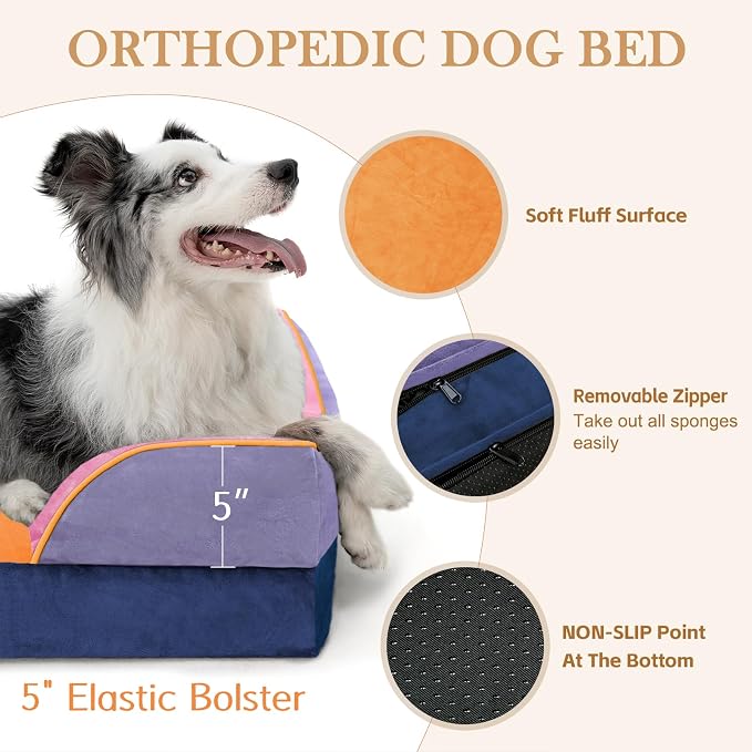 Comfort Expression Orthopedic Dog Bed for Extra Large Dogs with Bolster | Waterproof Dog Couch Bed with Washable Cover & Non-Slip Bottom, Supportive Egg Crate Foam XL Pet Bed, 45x35 Inch
