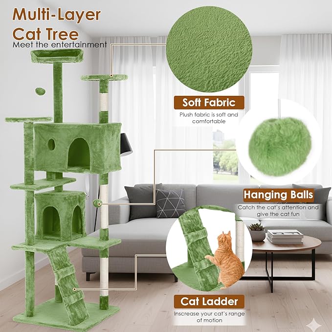 PayLessHere Cat Tree 70in Cat Tower with Cat Scratching Post,Multi-Level Cat Condo Stand House Furniture Kitty Activity Center with Furry Ball Toys Cat Tree for Indoor Cats,Green
