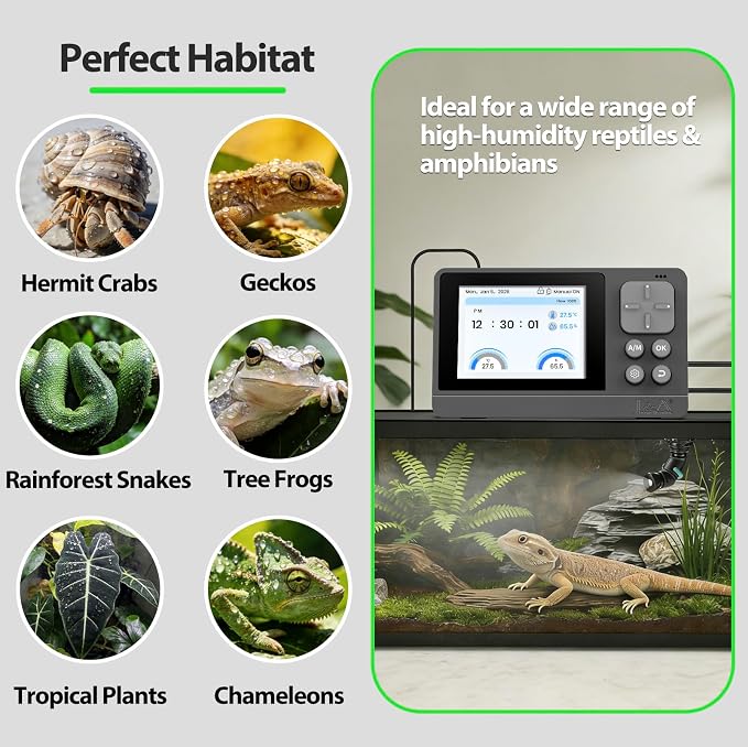J&A Automatic Reptile Mister Temp Humidity Controller Terrarium Grey Black | New-Gen Misting System with Thermo-Hygrometer, Adjustable Spray Nozzles for Lizards, Chameleons & Snakes Tanks