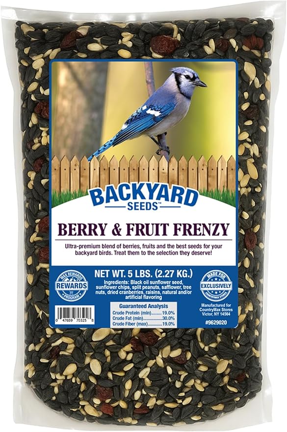 Backyard Seeds Berries 'N Fruit Bird Seed Mix 5lbs - Premium Blend with Dried Fruit & Berries, Large Bag of Wild Bird Food