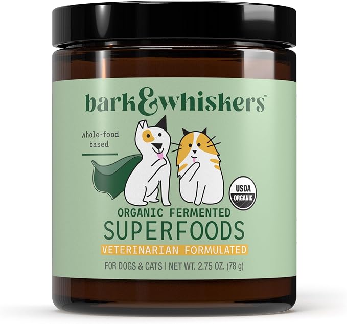 Dr. Mercola Bark & Whiskers Organic Fermented Superfoods - Nutrient-Rich Meal Topper for Dogs & Cats - with Antioxidants - Cheddar Flavor - USDA Organic - 60 Scoops
