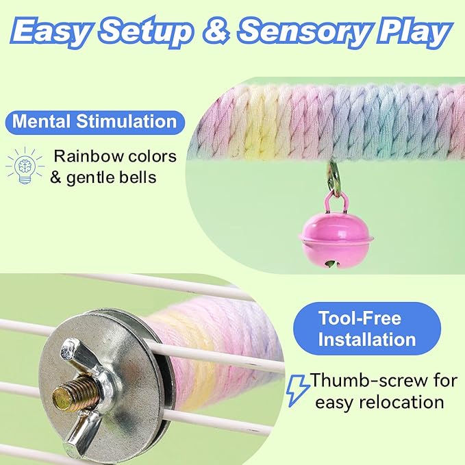 Dual-Layer Bird Swing Perch with Bells Rainbow Cotton Rope Cage Parrots Toys for Parakeet Conure Cockatiel Mynah Love Birds Finches