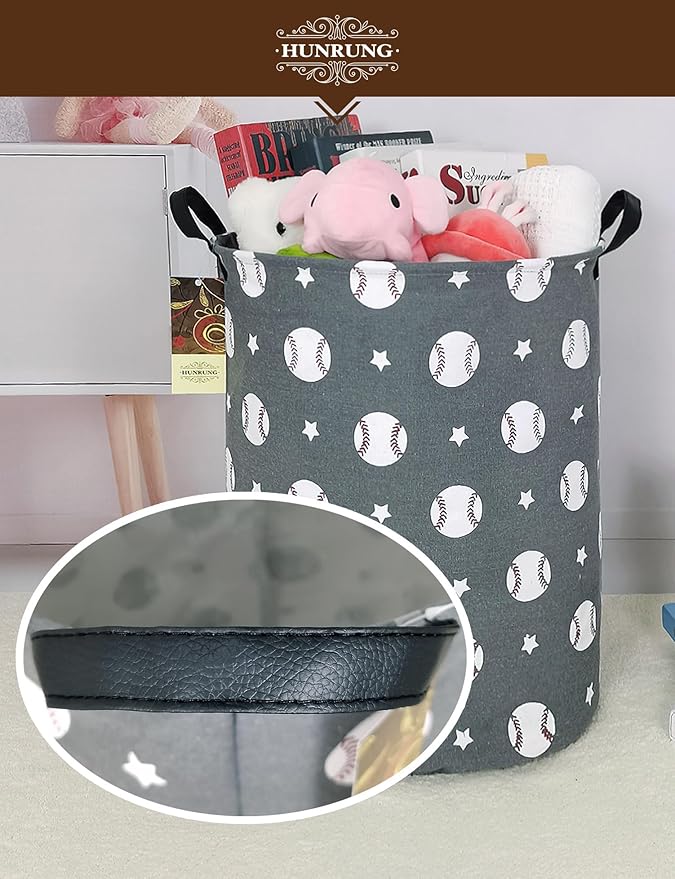 Collapsible Fabric Storage Basket, Waterproof Laundry Hamper with Handles, Round Storage Bin for Clothes Toys, Foldable Organizer for Bedroom Nursery Bathroom(Round-Grey Baseball)