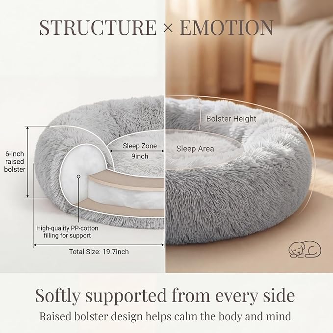 Calming Donut Dogs Beds for Small Dogs Washable,19inch Fluffy Round Puppy Bed for Puppies,Cats & Toy Breeds with Raised Rim,Fits up to 15 lbs Pets,Frost Grey