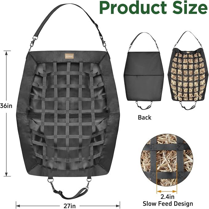 Hay Bags for Horses Slow Feed,Heavy Duty Oxford Fabric with Widening Side Design, Full Back Zipper & Adjustable Strap for Easy Filling, Hanging and Clean Eating New Version