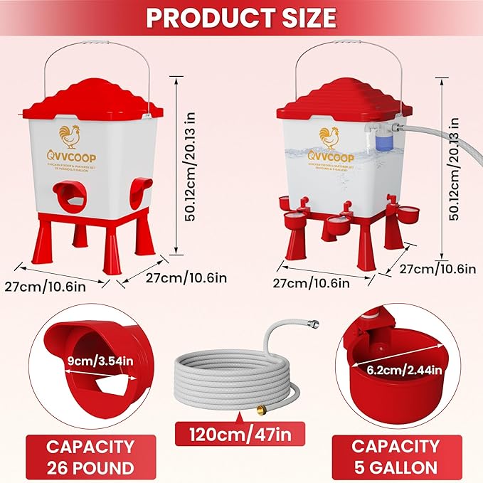 Automatic Chicken Feeder and Waterer Set, 5 Gallon Chicken Waterer with Float Valve, Poultry Feeding and Watering Supplies, Elevated Water Dispenser, Large Capacity, Red, Float Controlled