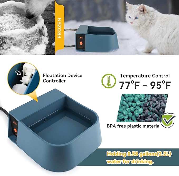 Automatic Heated Water Bowl for Dogs Cats, Outdoor Heated Dog Bowl with Auto Fill, 2L Winter Heating Waterer Provide Drinkable Water for Chickens, Rabbits, Birds, Goats, Feral Animal