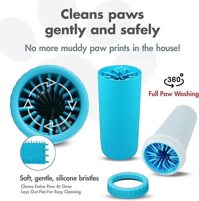 Dexas MudBuster Large Dog Paw Cleaner in Blue - Fits 2.5"-3.5" Wide Paws, Portable Paw Washer for Muddy Paws, Dog Paw Cleaning Cup with Gentle Silicone Bristles, Quick Clean Pet Paw Washer