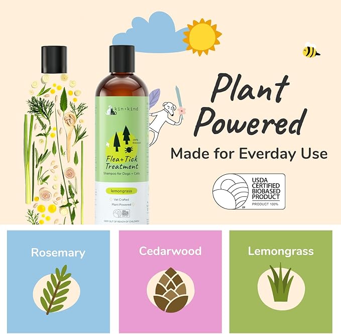 kin+kind Cat & Dog Shampoo Flea and Tick Vet Formulated - Natural Flea and Tick Prevention for Dogs - Plant Powered Shampoo w/Coconut & Olive Oil - Pet Supplies - Lemon Grass - Made in USA 12 fl oz