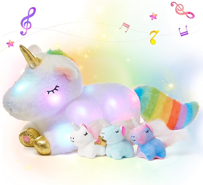 Hopearl LED Musical Stuffed Unicorn Playset Lighting Up Singing Plush Toy Mommy Unicorn with 3 Baby Unicorns in her Tummy Adjustable Volume Lullaby Animated Soothe Gifts for Kids Girls, White, 19''